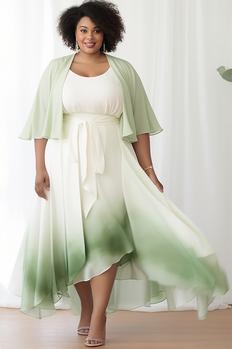 Xpluswear Design Plus Size Mother Of The Bride Sage Green Gradient Round Neck 3/4 Sleeve Wrap Two Piece Dress Set [Pre-Order]