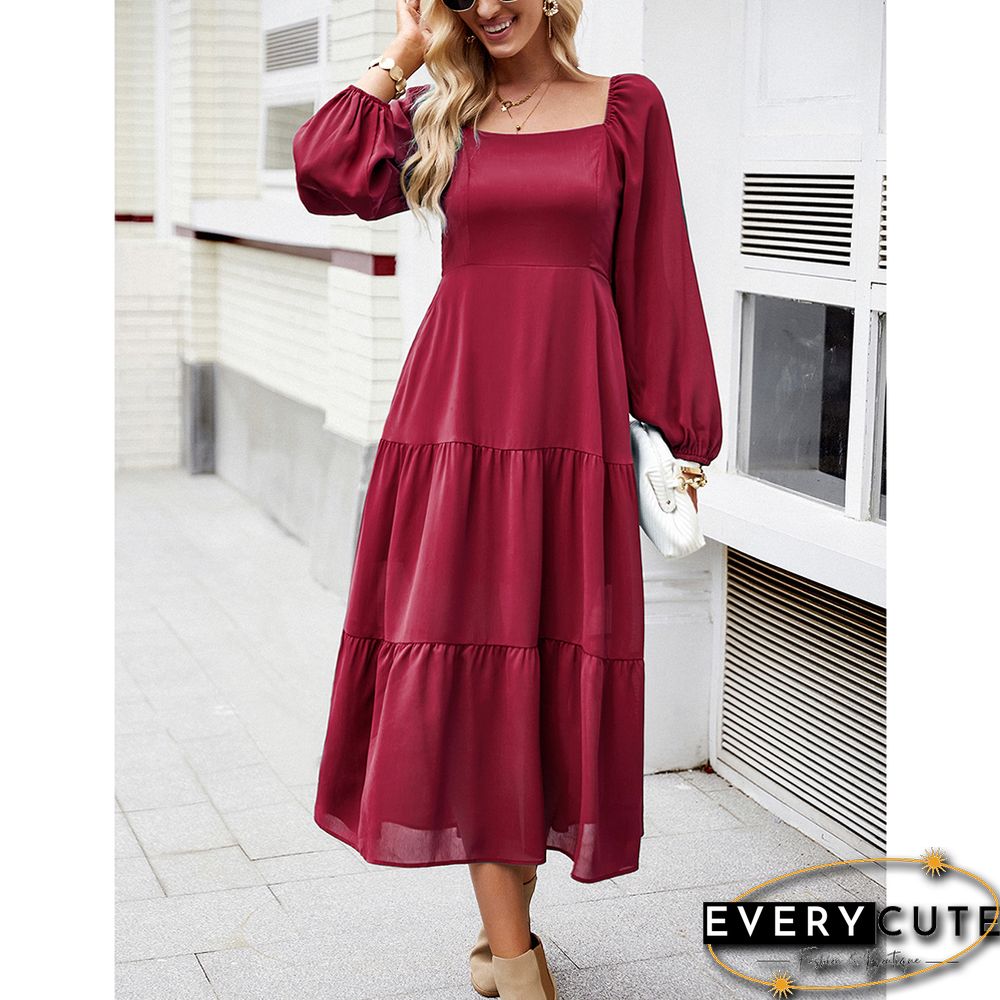 Burgundy Solid Square Neck Pocket Long Sleeve Dress