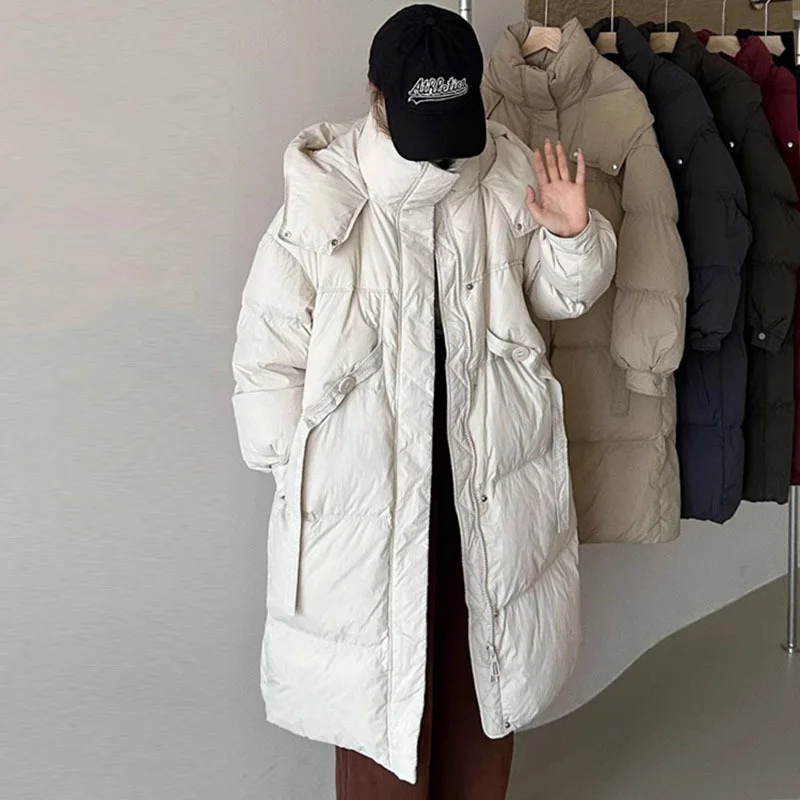 Woherb European Goods Long White Duck Down Down Jacket Female 2024 Winter Fashion Design Sense Ribbon Warm Over The Knee Thick Coat-Outfit Ideas