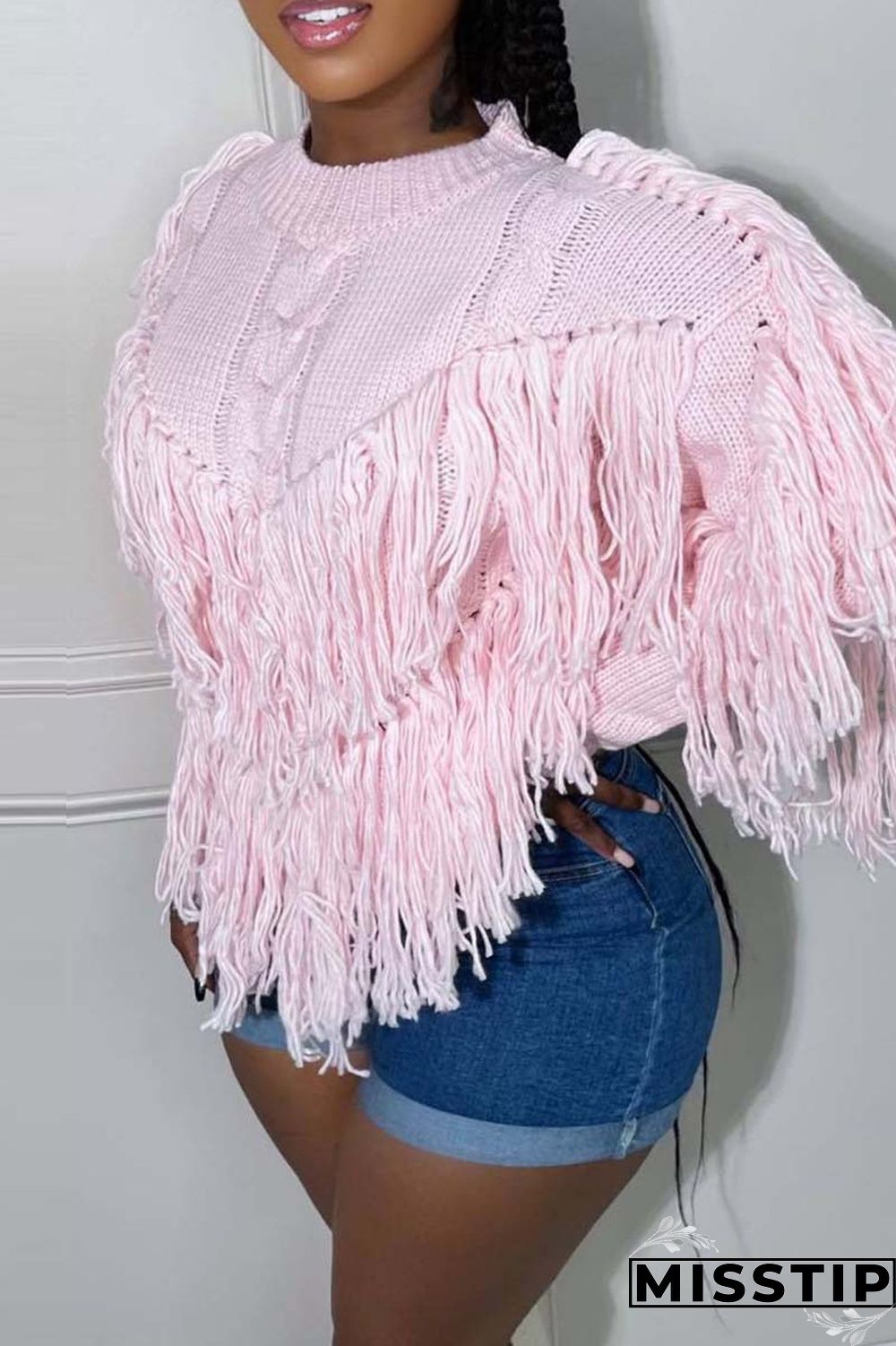 Black Casual Solid Tassel O Neck Tops
