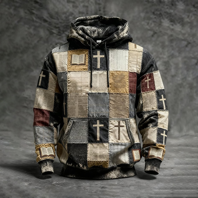 Men's Vintage Faith Patchwork Print Long Sleeve Casual Hoodie elevenforest