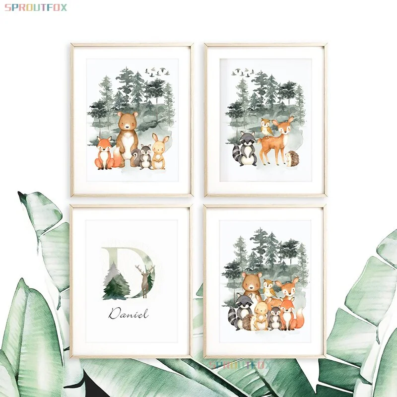 Custom Name Wall Posters Forest Animals Canvas Print Bear Fox Deer Painting Nursery Prints Nordic Wall Pictures Baby Room Decor