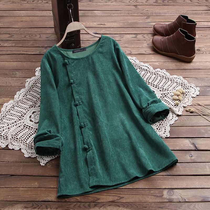 ZANZEA Vintage Corduroy Blouse 2022 Spring Long Sleeve Women Tunic Tops Loose Blusas Solid Blouses Femme Buttons Shirt