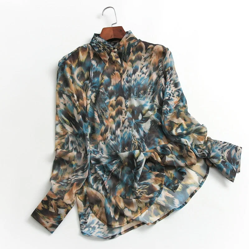 Msfancy 2021 Printing and Dyeing Chiffon Blouse Shirts Women Boho Lapel Long Sleeve Vintage Blusas Mujer Beach Casual Tops