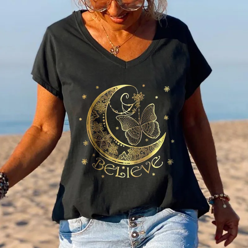 Believe Printed Golden Moon And Butterfly Women's T-shirt