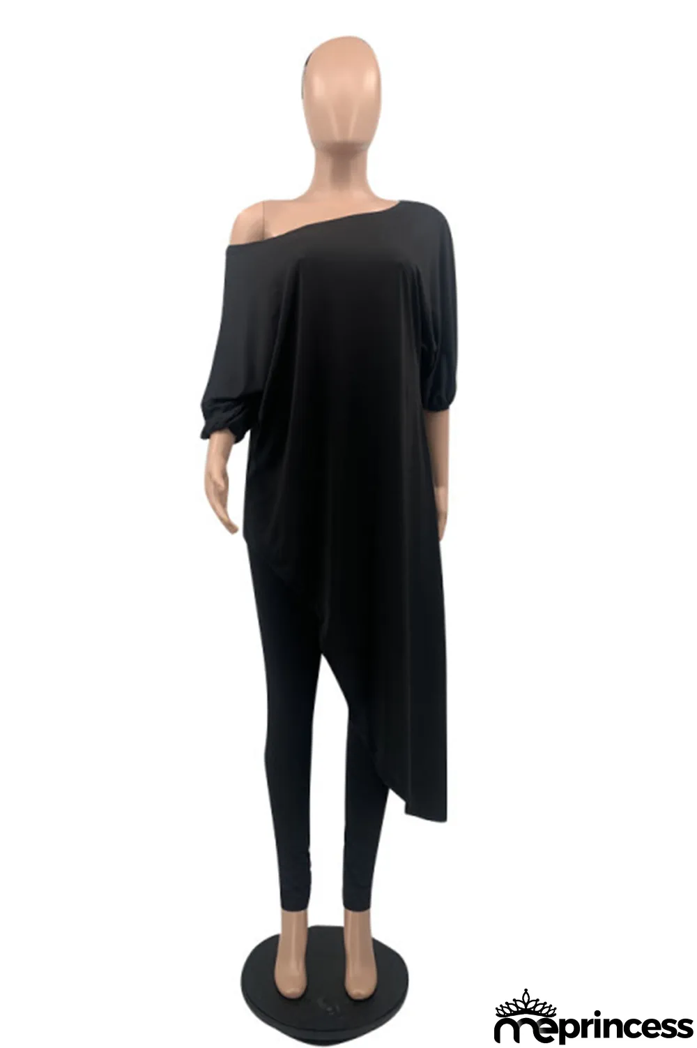 White Casual Print Split Joint One Shoulder Three Quarter Two Pieces