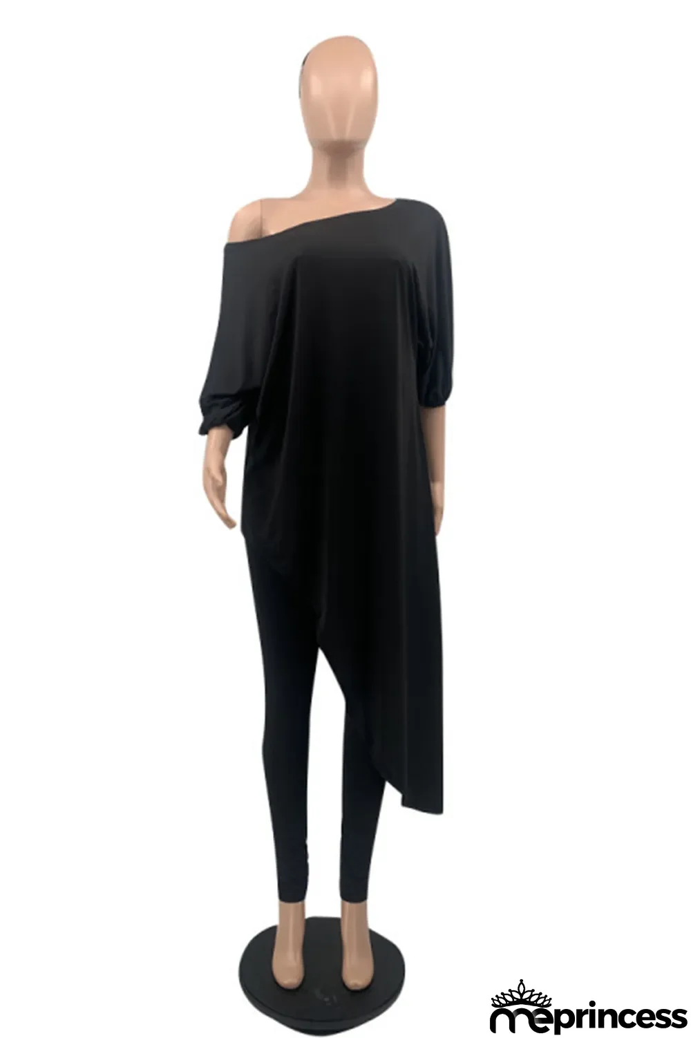 White Casual Print Split Joint One Shoulder Three Quarter Two Pieces