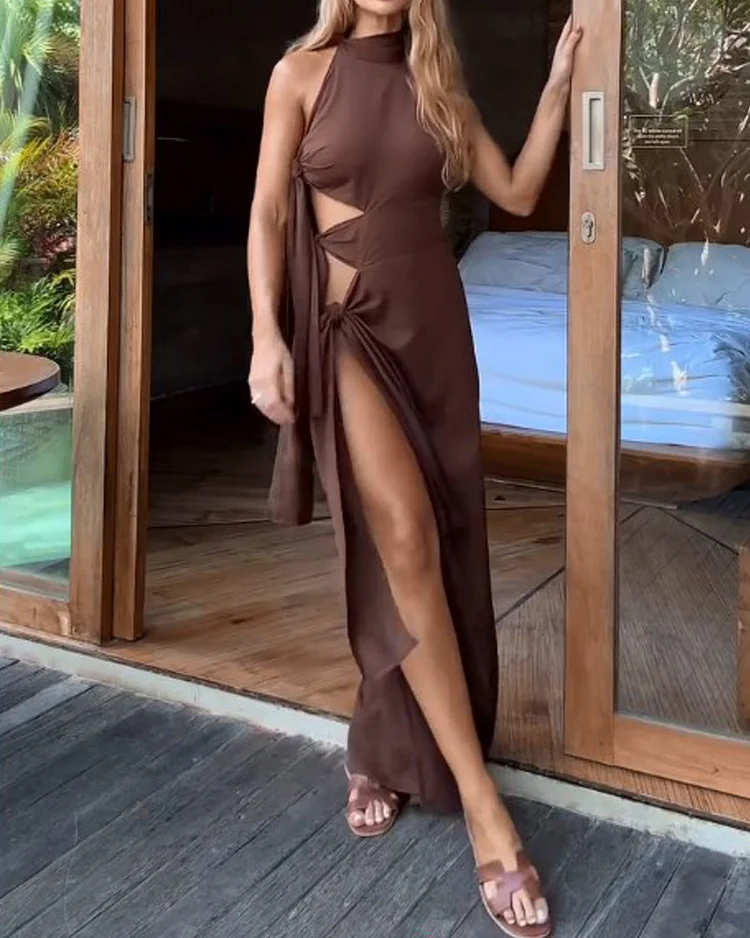 Sleeveless solid color tie dress
