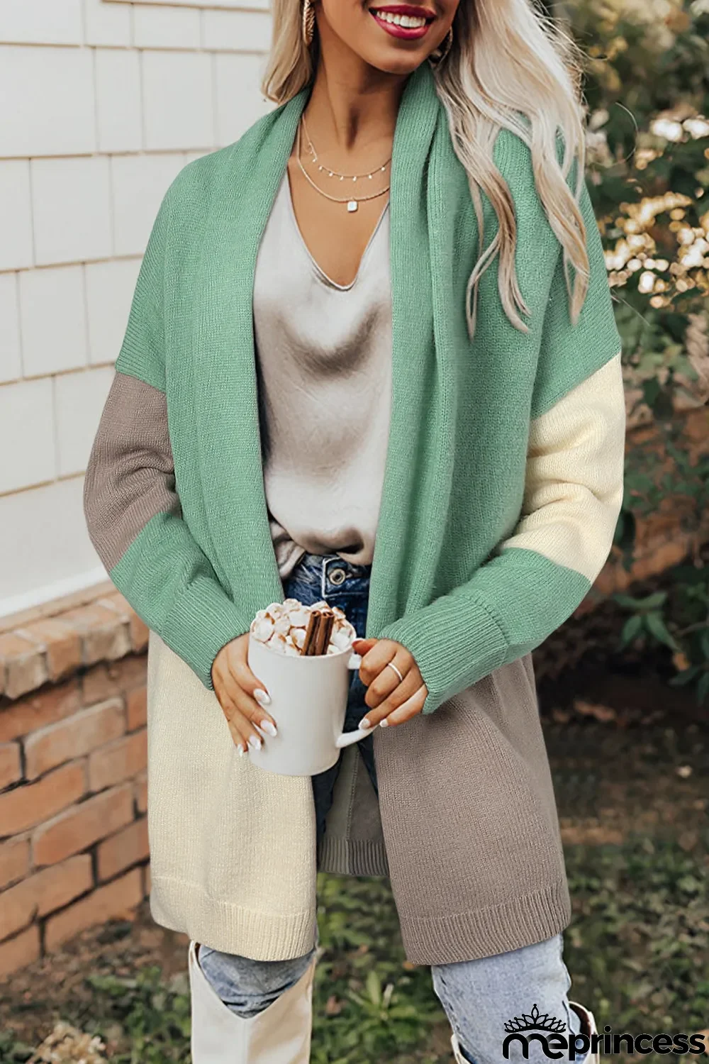 Green Colorblock Draped Open Front Chunky Cardigan