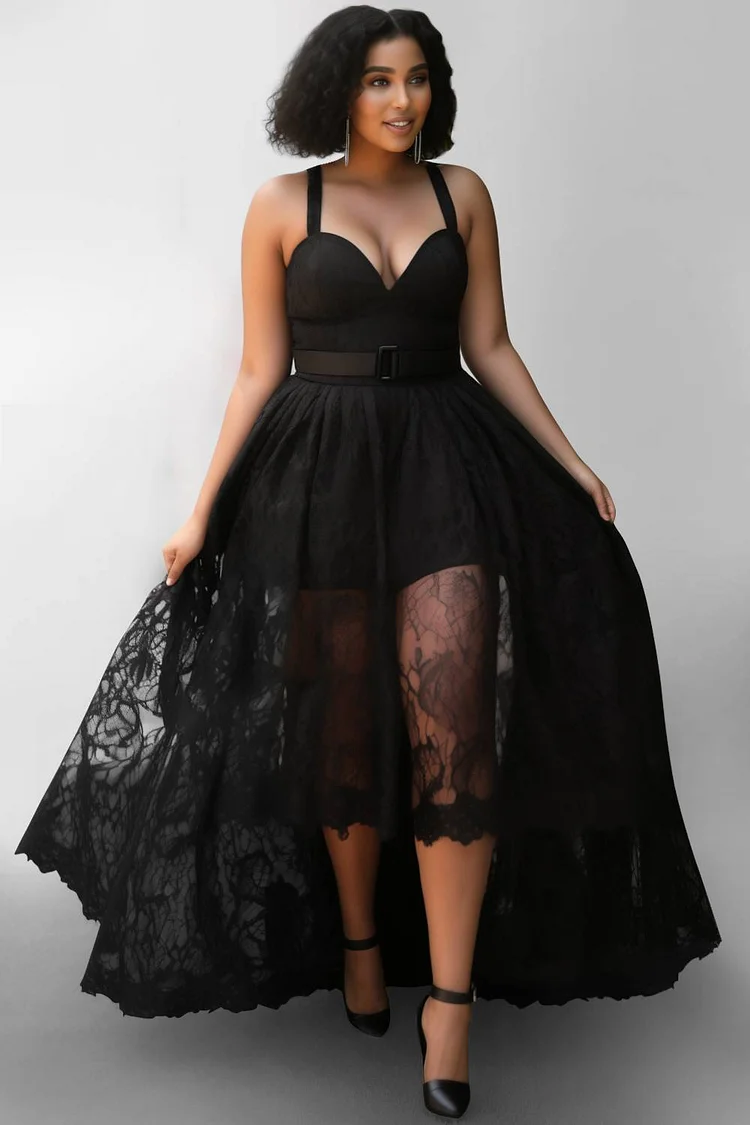 Xpluswear Design Plus Size Semi Formal Black Asymmetric Hem Irregular Hem See Through Lace Maxi Dresses [Pre-Order]