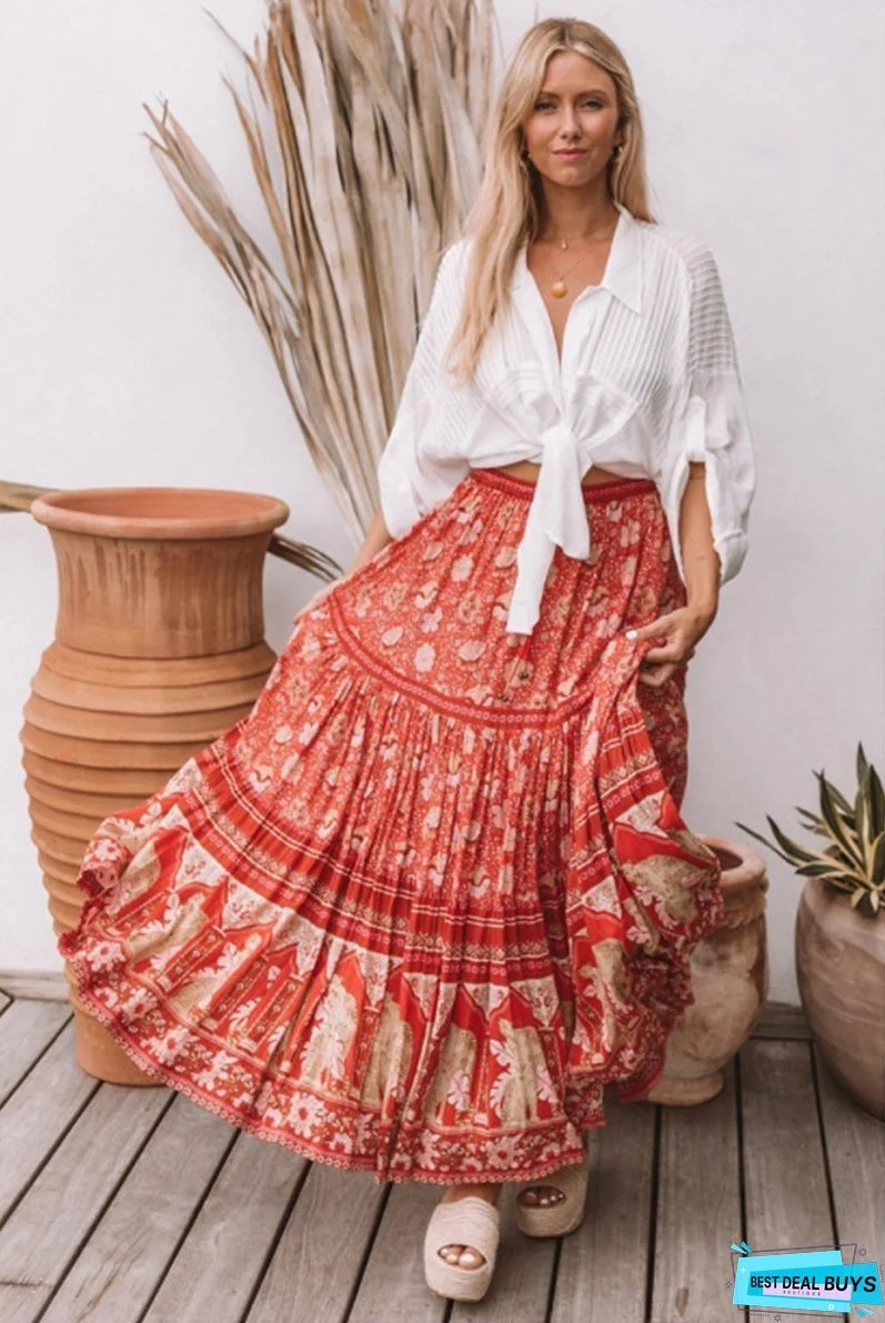 Red Vintage Floral Beach Holiday Skirt