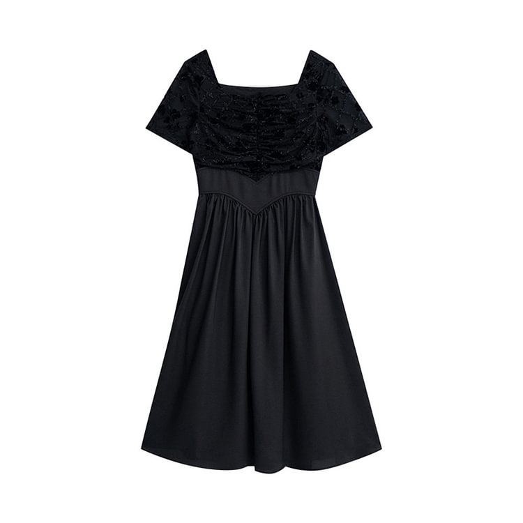 Elegant Square Collar Rose Printed Mesh Patchwork V Waistline Pleated Short Sleeve Dress      