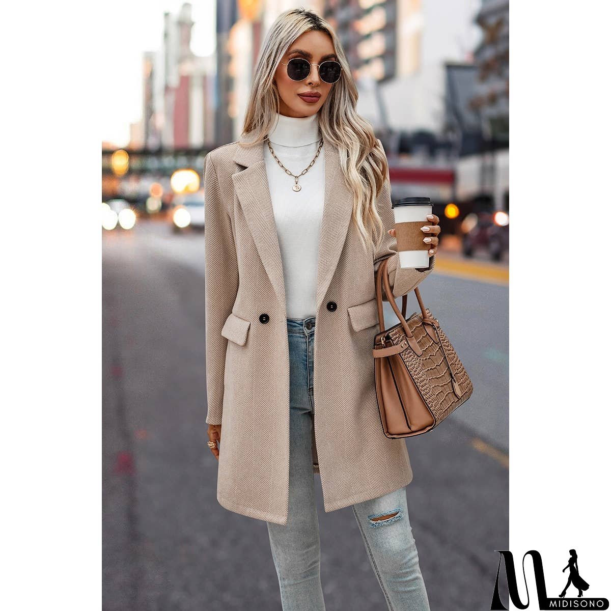 MidiSono - Button Front Open Solid Pockets Fit Blazer