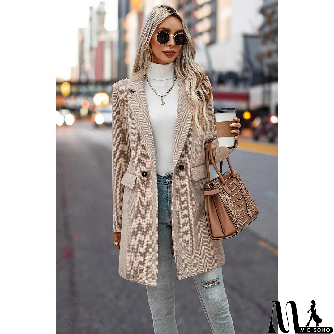 MidiSono - Button Front Open Solid Pockets Fit Blazer