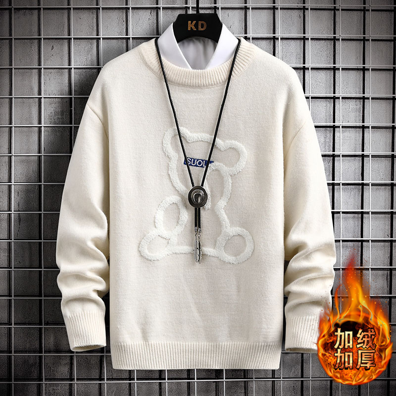 Mens Winter Thicken Fleece Warm Sweater Mens Fashion Casual Round Neck Bear Print Knitted Pullover Street Outdoor Sweatshirt 4XL