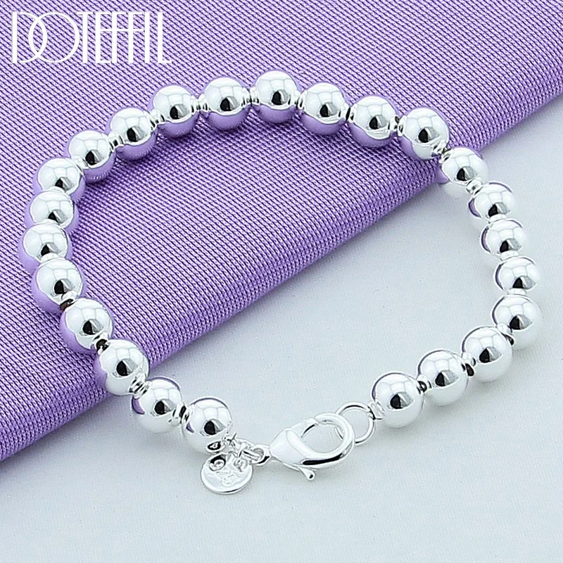 DOTEFFIL 925 Sterling Silver 8mm/10mm Hollow Ball Beads Silver Beaded Bracelet For Women Jewelry