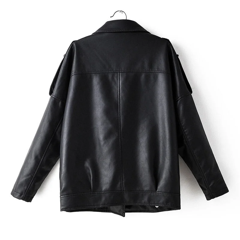 FTLZZ New Spring Pu Leather Jacket Women Moto Biker Lapel Zipper Warm BF Style Faux Leather Coat Loose Fashion Autumn Outwear