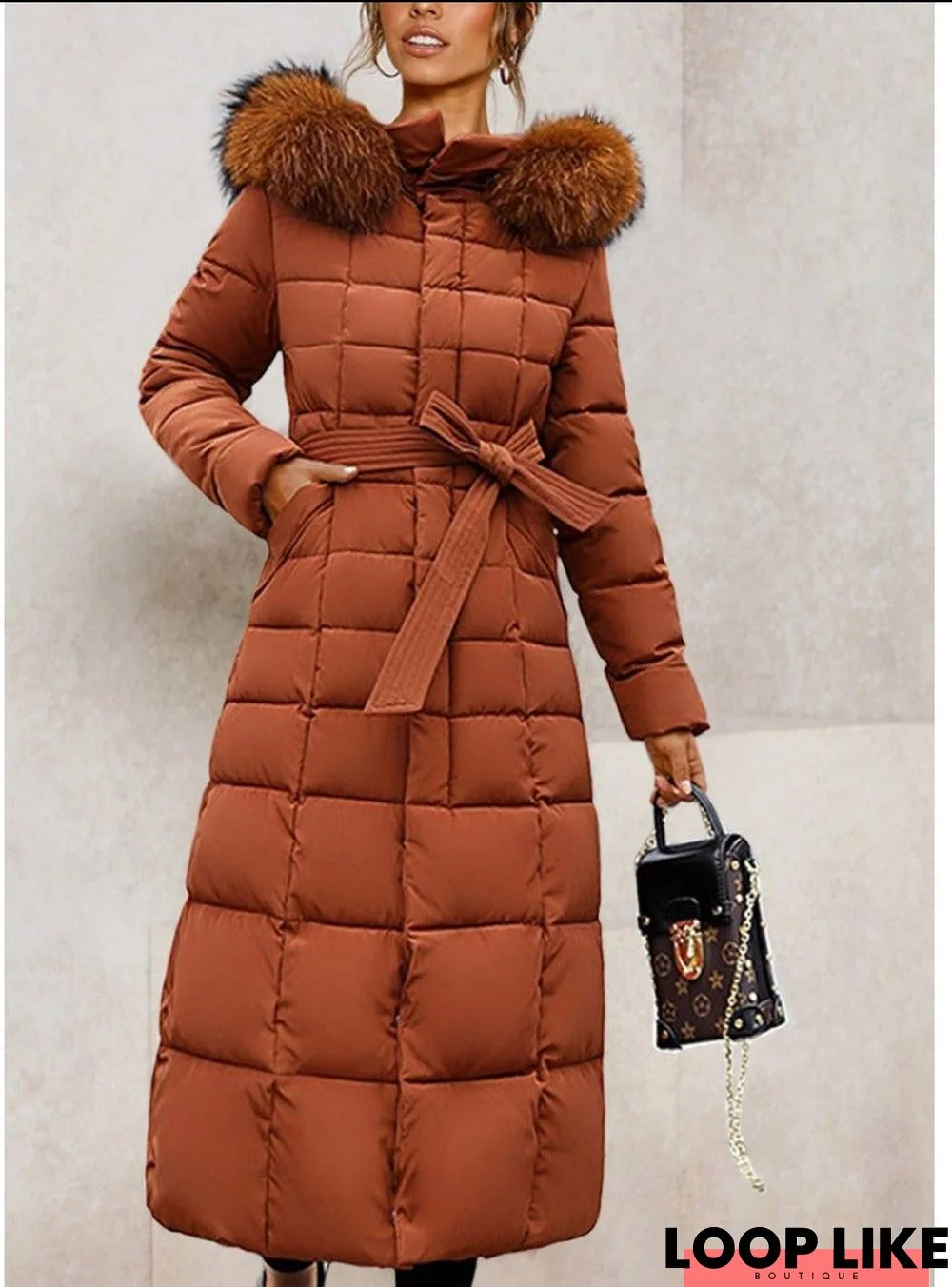 Hooded Fur Collar Belt Plain Coat