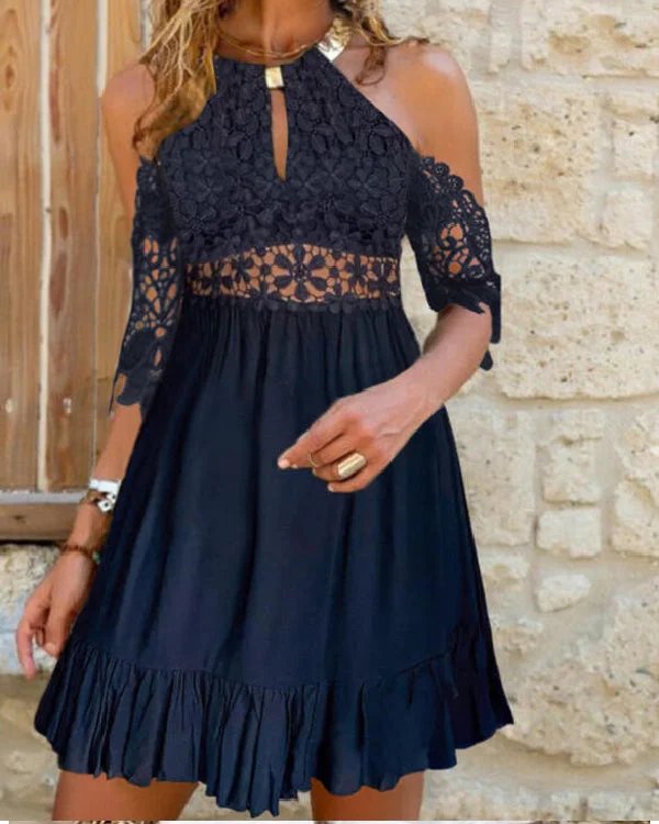 Off The Shoulder Printed Crew Neck Lace Dress-