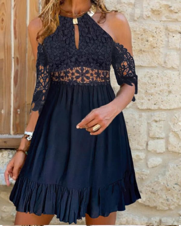 Off The Shoulder Printed Crew Neck Lace Dress - Chicaggo