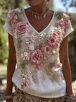 Vintage Boho Roses Embroidered Lace Comfy Linen T Shirt