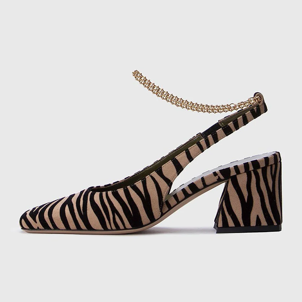 Vegan Suede Zebra Print Chain Slingback Pumps with Square-Toe