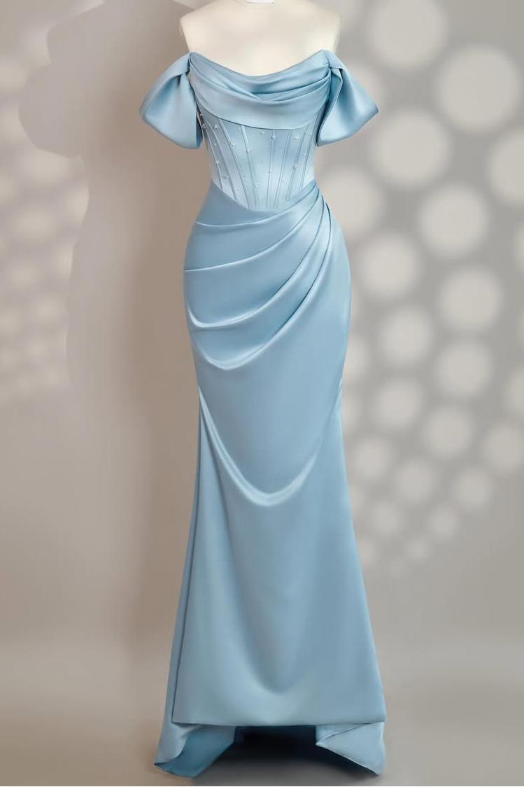 Lussooy Sky Blue Satin Strapless Off the Shoulder Long Pleated Prom Dress with Bow  