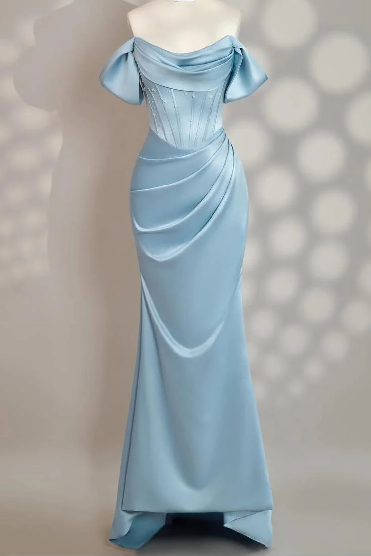 Miabel Exquisite Sky Blue Satin Off the Shoulder Strapless Long Pleated Prom Dress with Bow