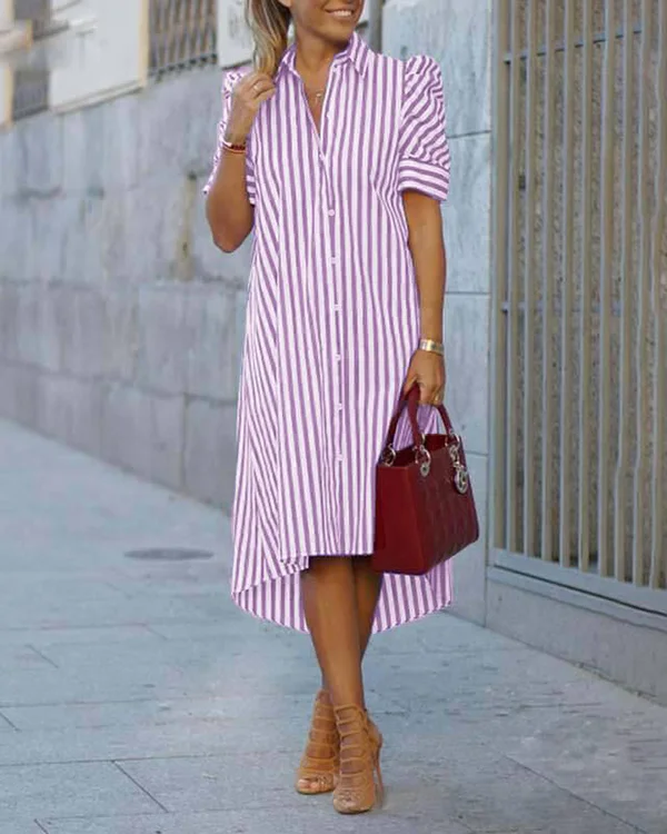 Women's Stripe Print Short Sleeve Casual Shirt Dress