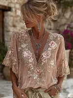 Women's Pink Flower Embroidered Art V-neck Short Sleeve Linen Blend T-shirt