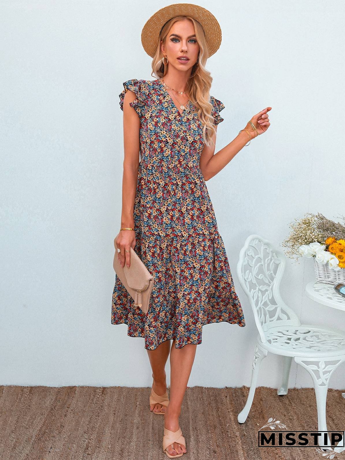 V-neck Fly-sleeve Floral Dress