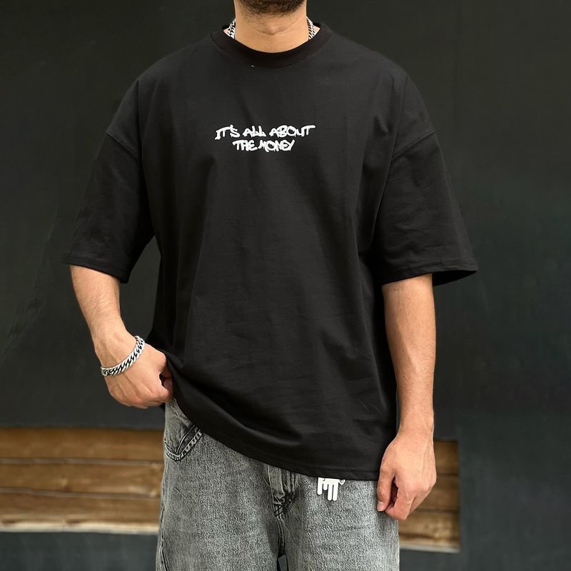 Men's Fashion Casual Loose Black Printed T-Shirt、、URBENIE