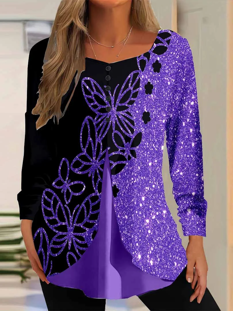 Women Graphic,Purple DZGG8162 Long Sleeve Scoop Neck Printed Graphic Button Fake 2in1 Tops