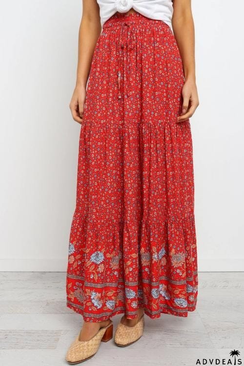 Boho Floral Print Elastic High Waist Pleated A Line Maxi Skirt