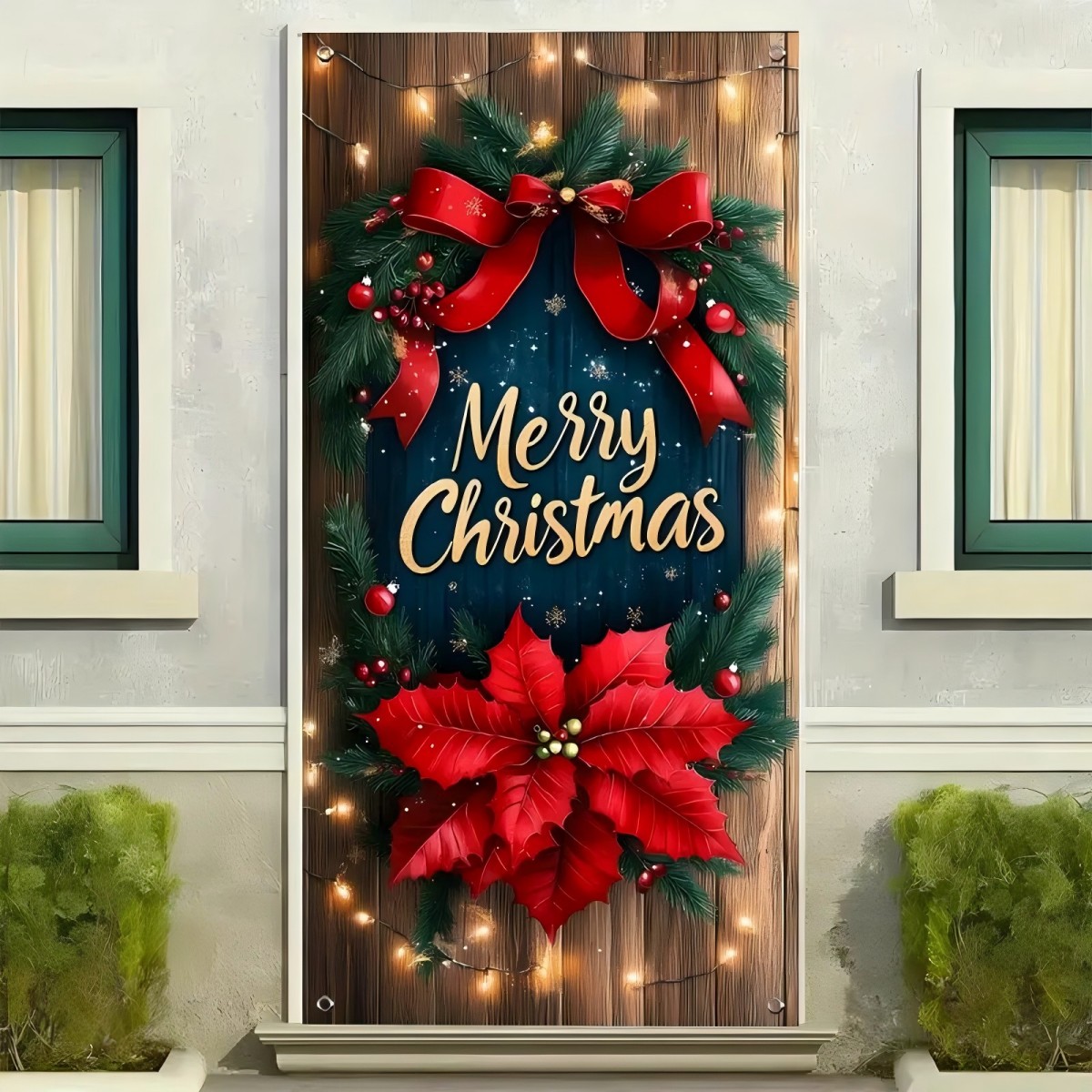 Tegooe Festive Christmas Door Cover Banner - Wood Grain Wreath Red Poinsettia Polyester Holiday Decoration Photo Backgroun...