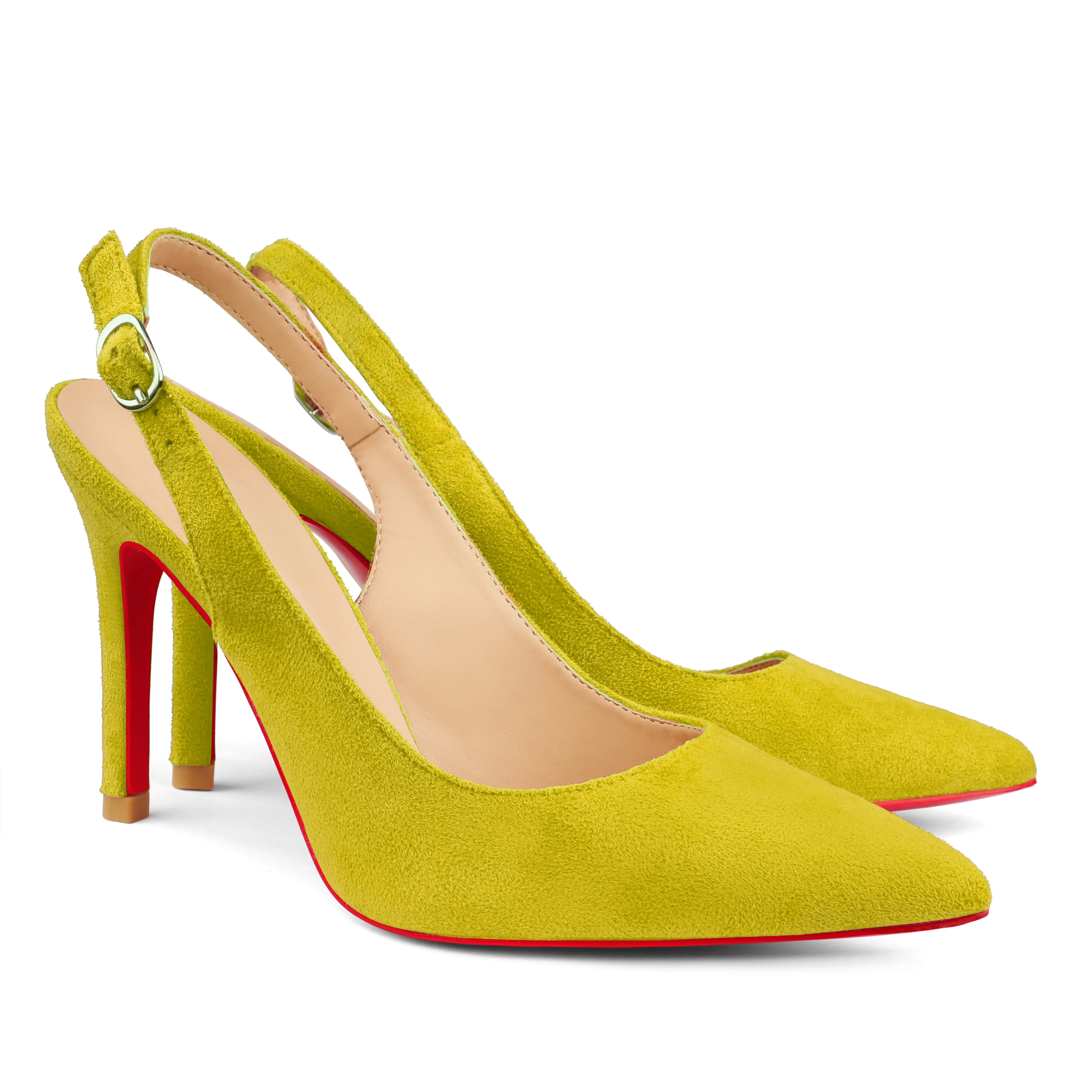 90mm Middle Heels Pointy Toe Red Bottom Slingback Pumps Suede-vocosishoes
