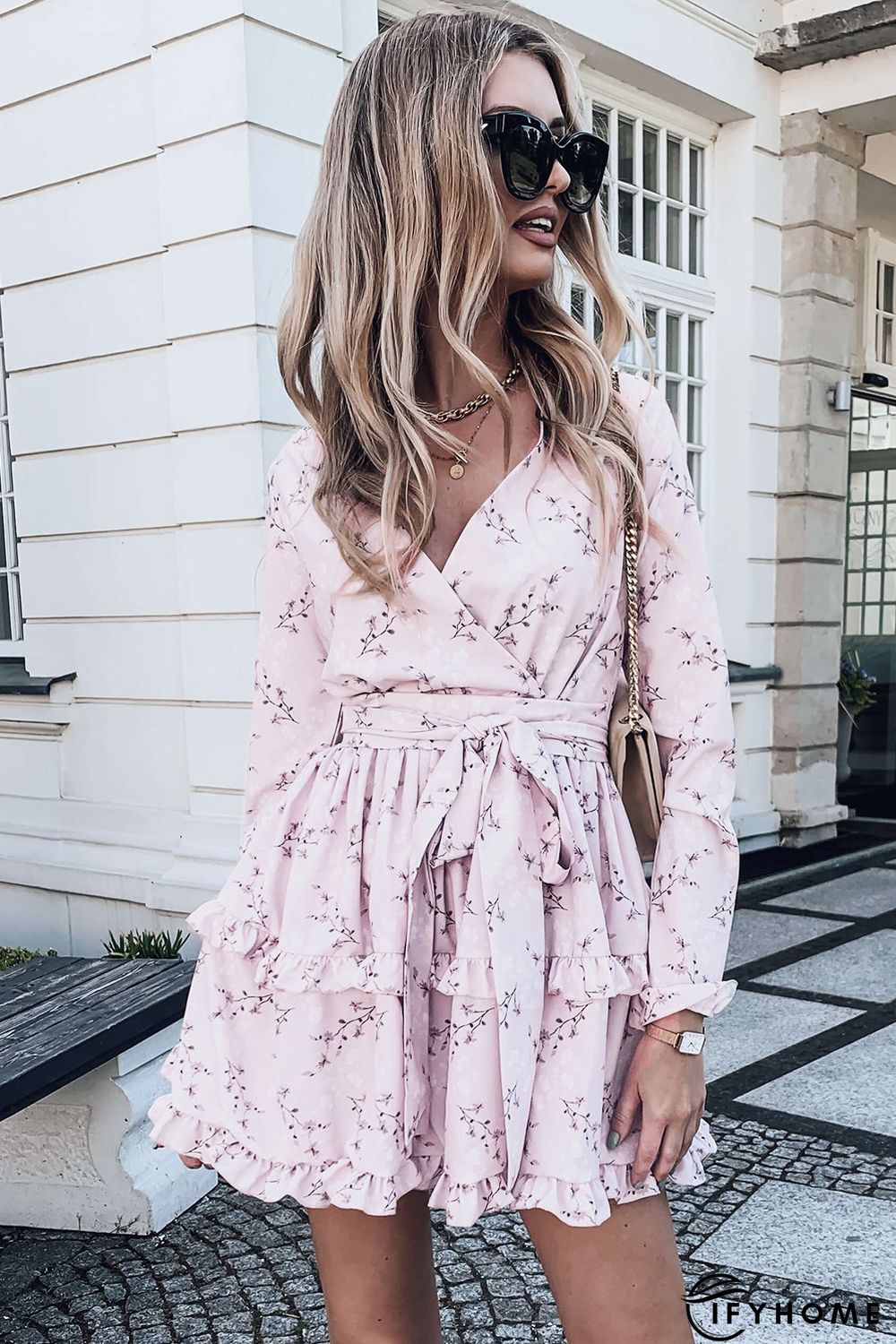 Pink Floral Print Ruffle Hemline Wrap Mini Dress | IFYHOME