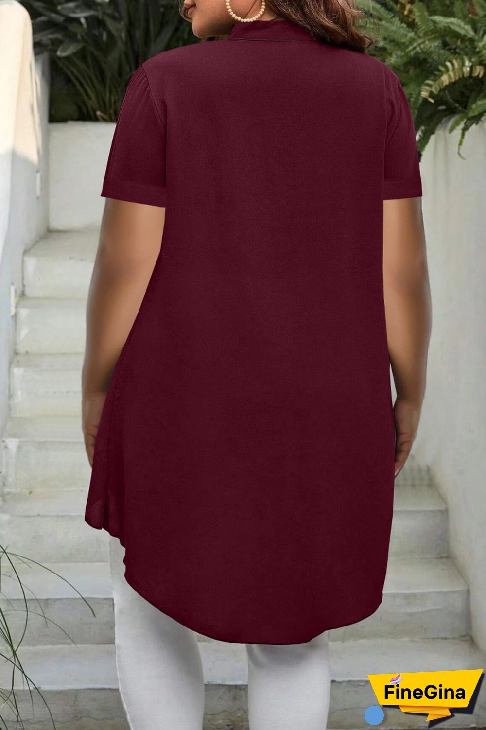 Burgundy Casual Solid Patchwork Shirt Collar Tops