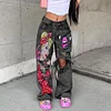 Women's Long High-Waisted Jeans With Ripped Edges And Fashionable Red Lips Printed Wide-Leg Pants by Inlyline
