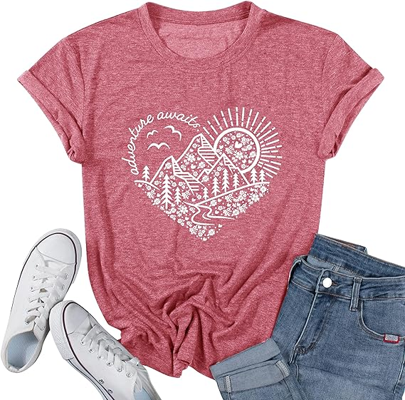 AL™ Hiking Heart Print T-Shirt Tees Short Sleeve Crew Neck Tee-Annaletters