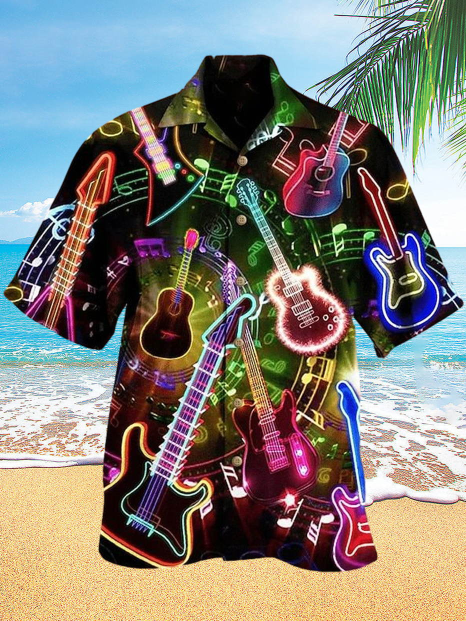 Guitar Neon Music Party Hawaiian Men's Short Sleeve Cuban Collar Shirt PLUSCLOTHESMAN
