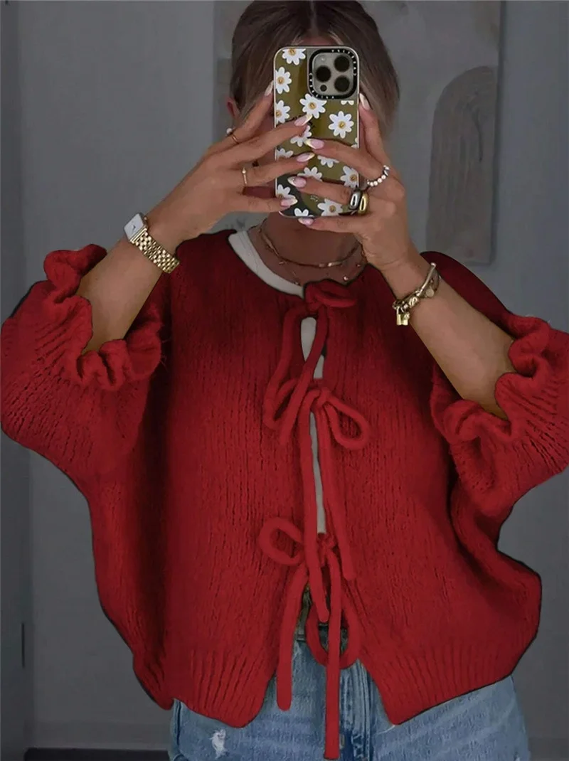 Athvotar Athvotar New Round Tie Nine-Sleeve Rope With Knitted Sweater Lazy Wind Coat