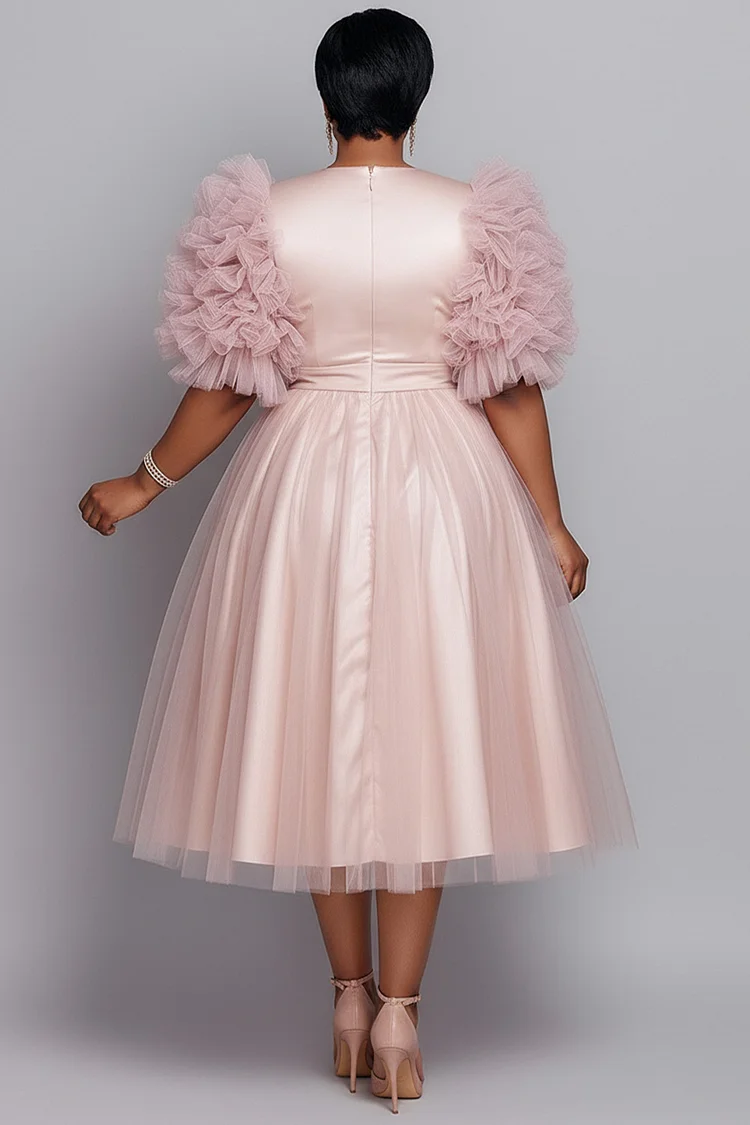 Xpluswear Design Plus Size Formal Tulle Pink Round Neck Long Sleeve Contrast Elegant 3D Satin Midi Dresses Pink-2XL/18-20
