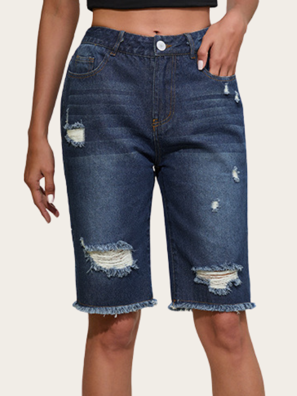 Women's Blue Denim Short Straight Pants Mid Waist Washed Ripped Jeans Zipper Frayed Short with Pocket
