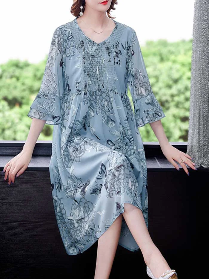 Women's new chiffon print v-neck ruffle dress