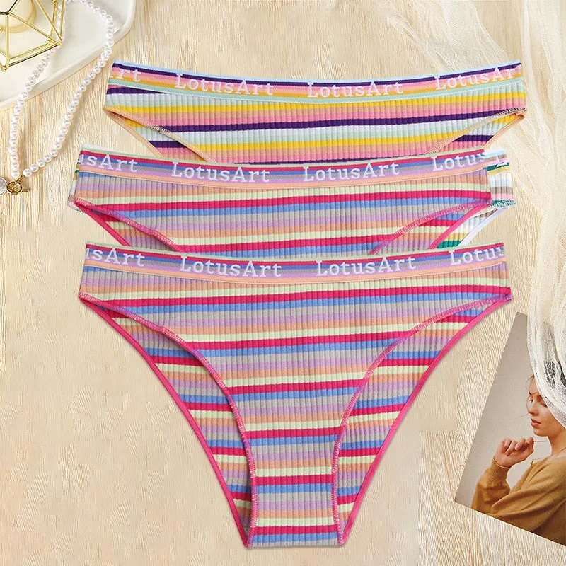 FINETOO 3PCS/Set Women Cotton Seamless Panties for Female M-XL Underwear Panty Sexy Colorful Striped Lingerie Letter Waist Brief