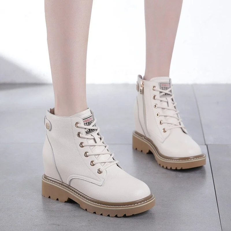 CXJYWMJL Women Inner Heightening Martin Boots Genuine Leather Autumn Booties Ladies Thick Bottom Winter Warm Zipper Ankle Boots