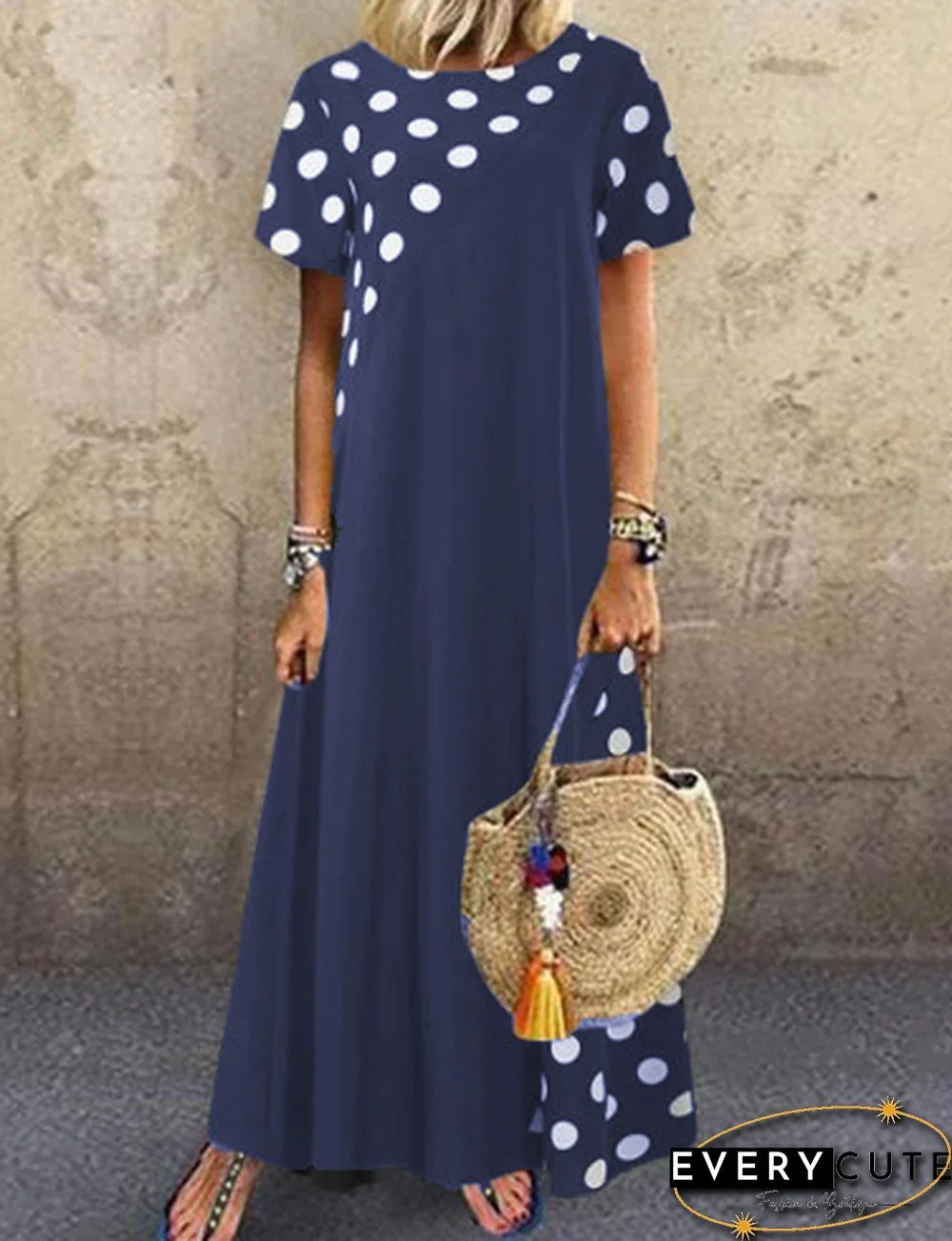 Womens Summer Polka Dot Long Dress Kaftan Short Sleeves Patchwork Casual Loose Maxi Dress Plus Size