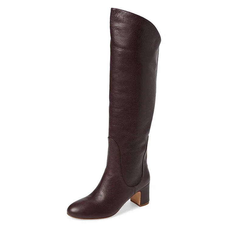 Dark Brown Tall Boots Round Toe Block Heel Knee Boots |FSJ Shoes