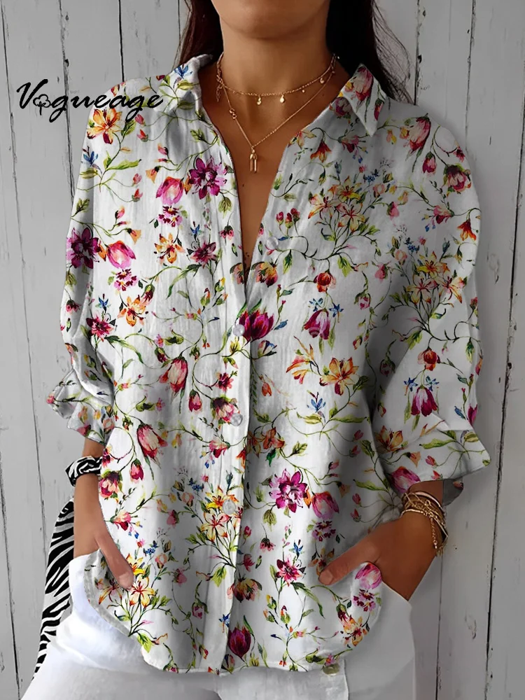 Gentle And Elegant Small Flowers Printed Cotton And Linen Shirt